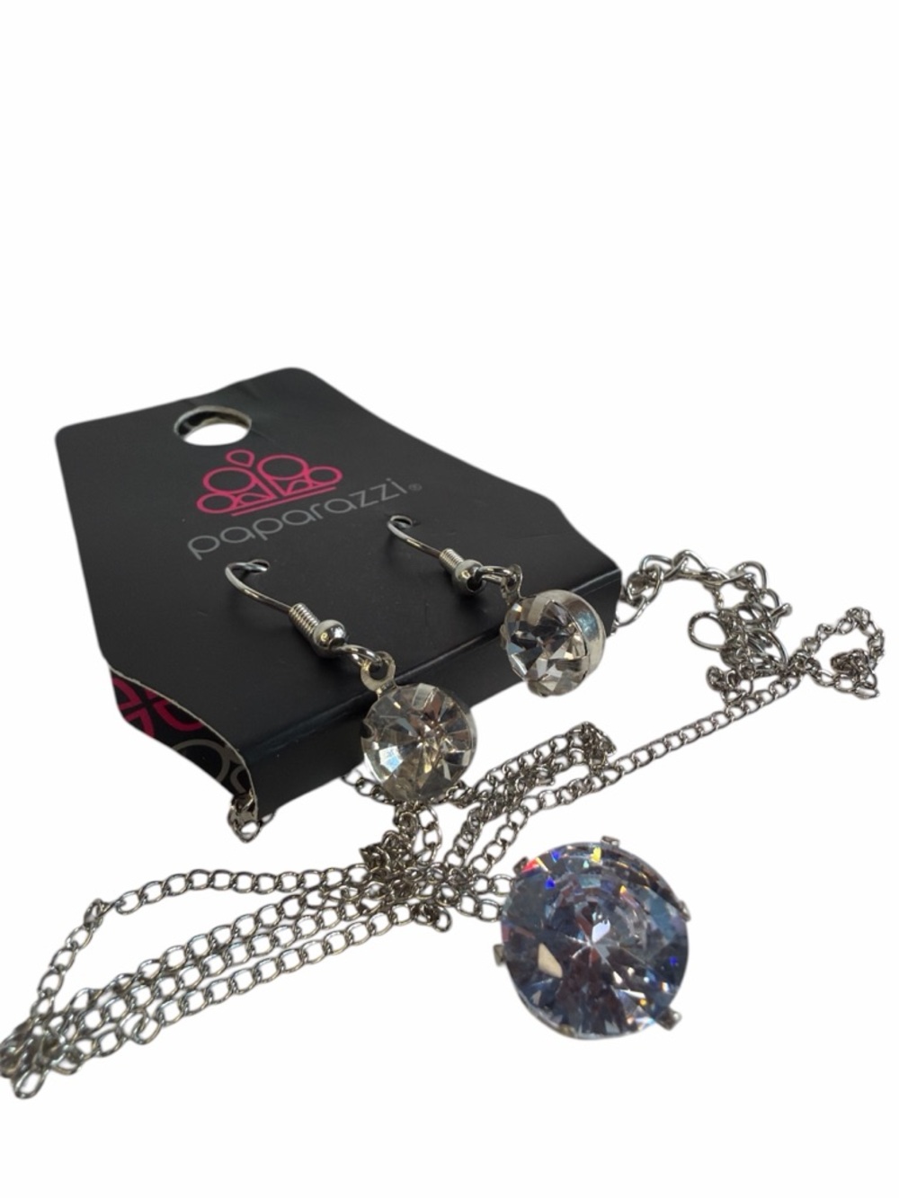 paparazzi Silver Clear Crystal Pendant Necklace and Earrings Set